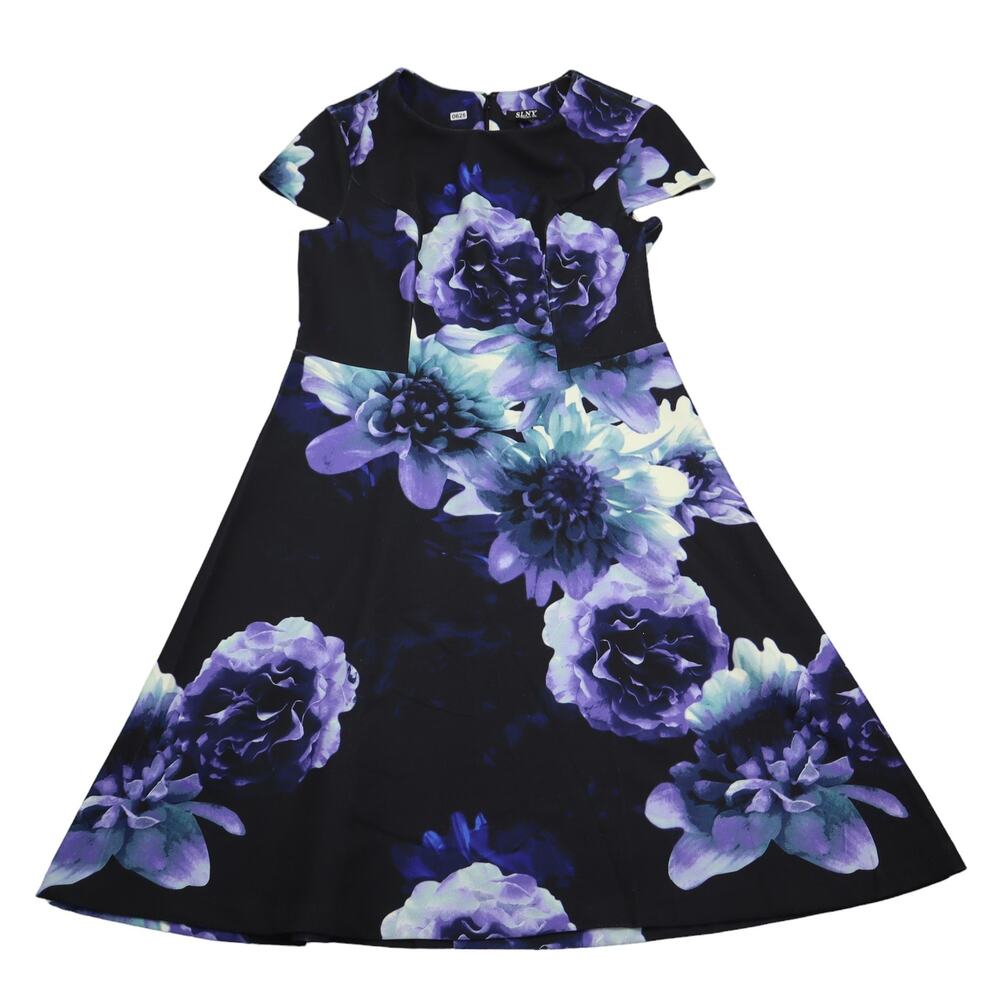 SLNY Dress Womens 8 A Line Black Blue Floral Stretch Zip Scoop Neck Cap Sleeve